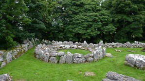 Un círculo de piedras con un centro cubierto de hierba, rodeado de árboles.