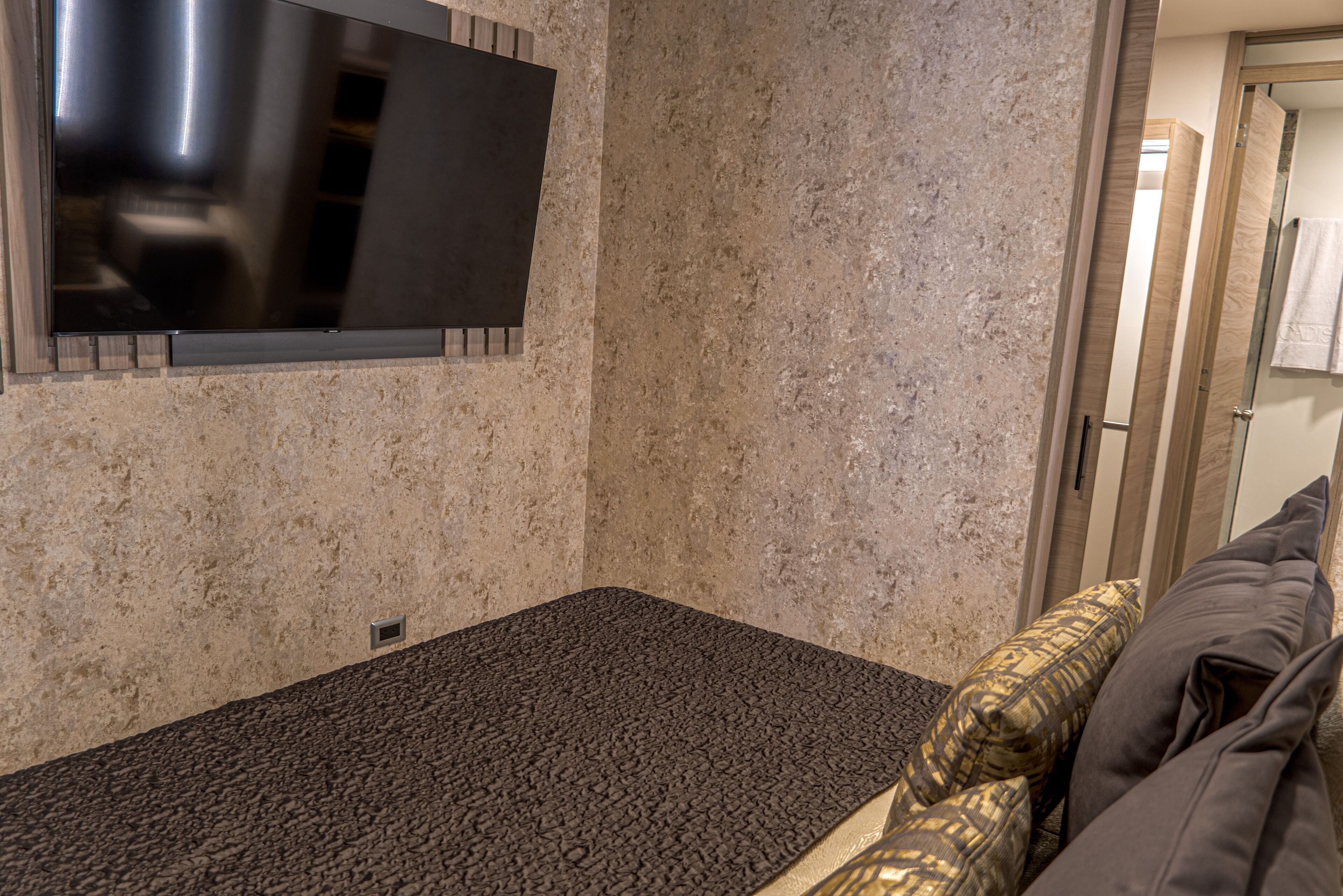 Une pièce dotée d’un téléviseur à écran plat fixé à un mur texturé, d’un espace recouvert d’une moquette sombre et d’un canapé à motifs.