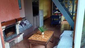 Un salon chaleureux avec une cheminée, une table en bois agrémentée d’une plante, un canapé et un escalier menant à la cuisine.