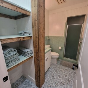 Shower, hair dryer, towels, soap