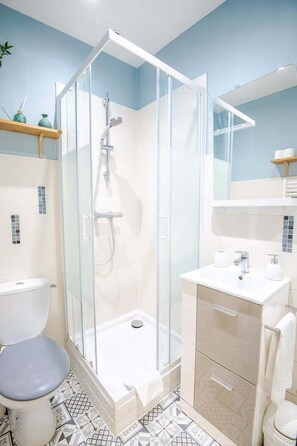 Shower, hair dryer, towels