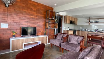 Smart TV, fireplace, video games, DVD player