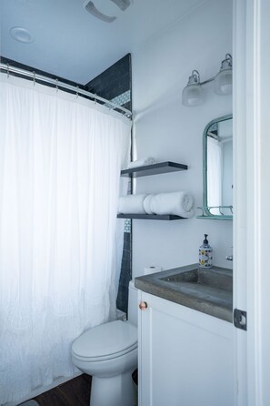 Ein Badezimmer mit Toilette, Duschvorhang, Handtuchhalter, Waschbecken mit Seifenspender und Spiegel.