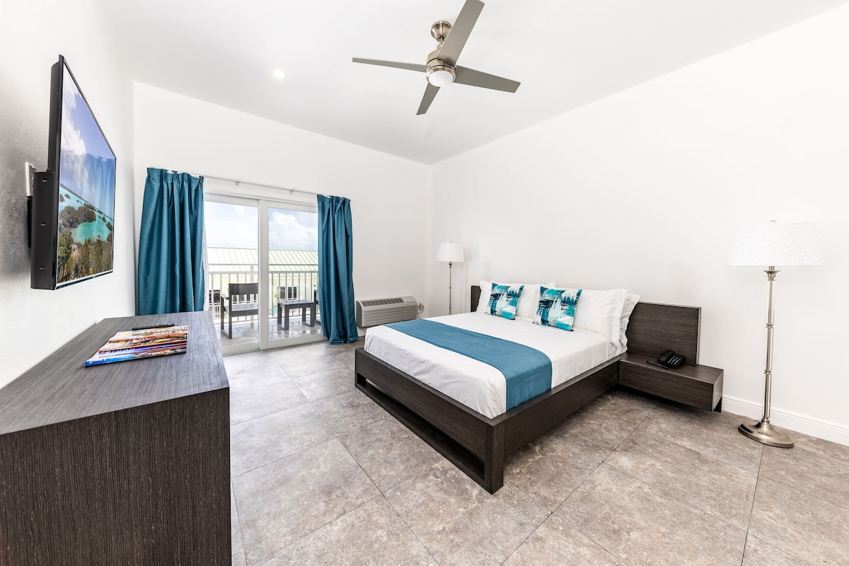 A modern hotel room with a bed, a desk, a ceiling fan, and a view of the outdoors.