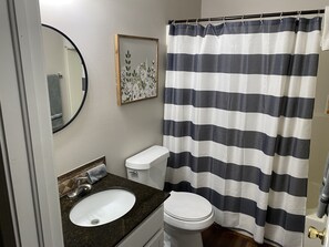 Hair dryer, towels, soap, toilet paper