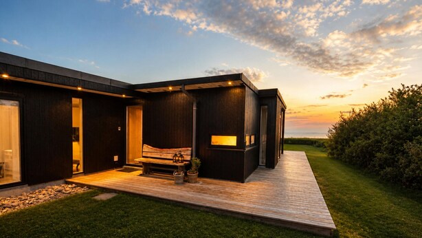 A modern house with a wooden deck, a bench, and a small table with a lantern. - Beach front home in Spøttrup (Spøttrup)