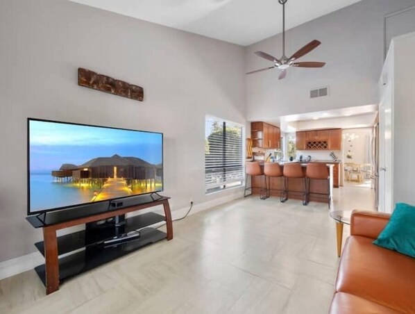 Smart TV, chimenea, libros
