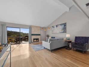 Smart TV, fireplace, books