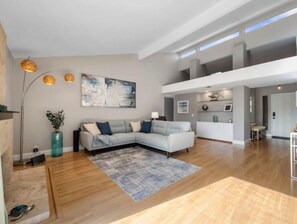 Smart TV, fireplace, books