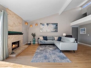 Smart TV, fireplace, books