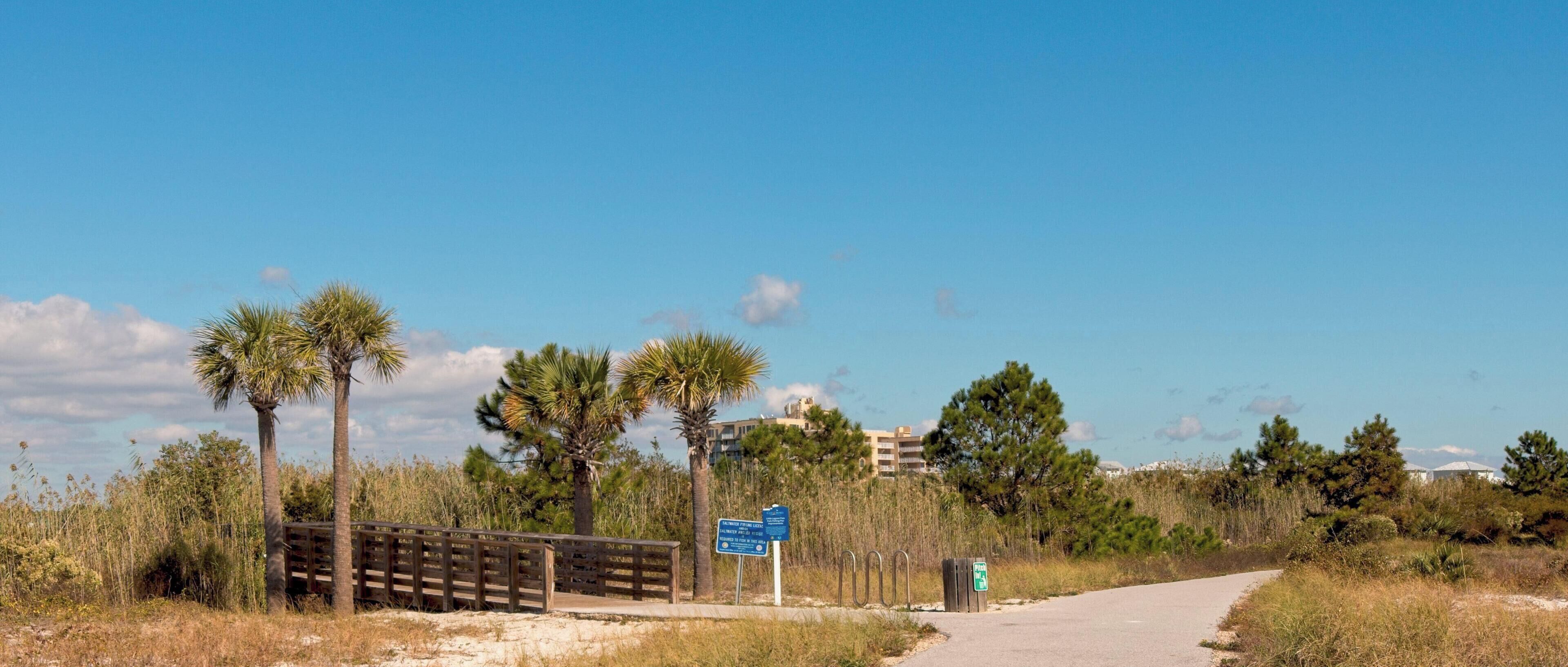 Un camino que lleva a una zona de playa con palmeras y un cartel que indica un aparcamiento.