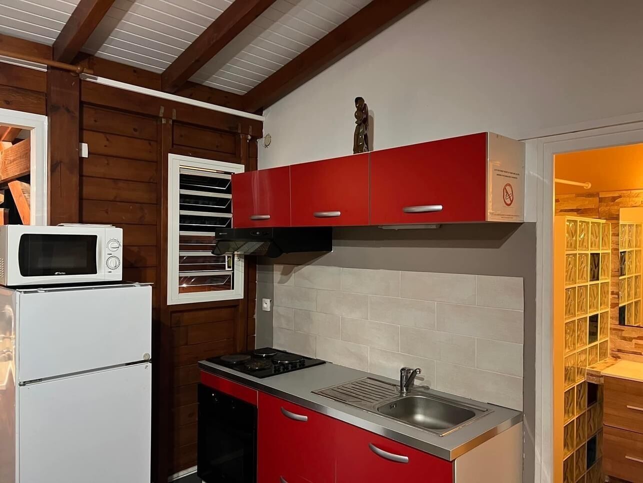 Cocina compacta con microondas, horno y lavamanos.
