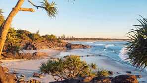 A coastal landscape with rocky outcrops, a sandy beach, and dense vegetation.