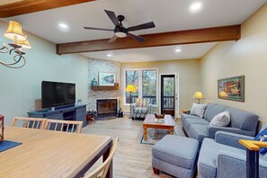 Televisión, chimenea, reproductor de DVD y estéreo 