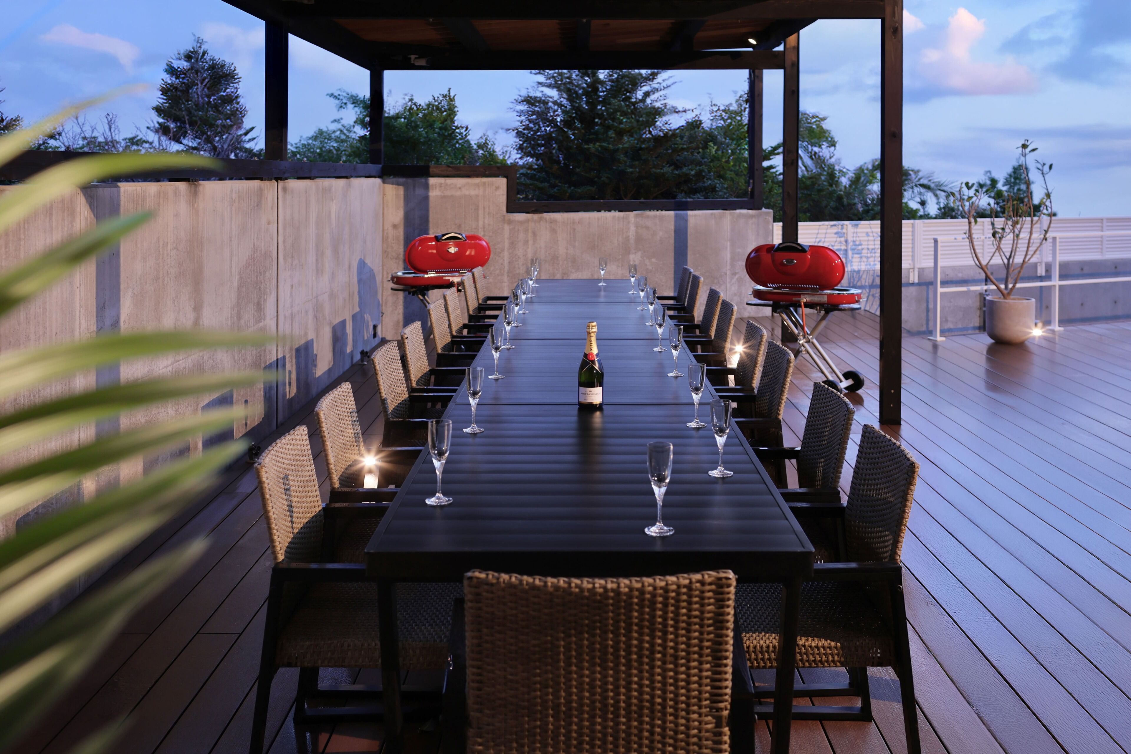 Een buitenterras met een lange tafel gedekt voor een maaltijd, omringd door rieten stoelen, een barbecue en een fles champagne.