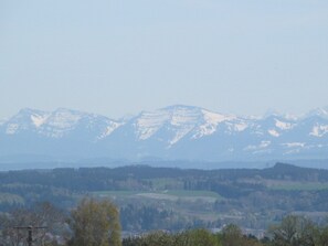A mountain range with snow-capped peaks, a valley with scattered trees, and a distant town.
