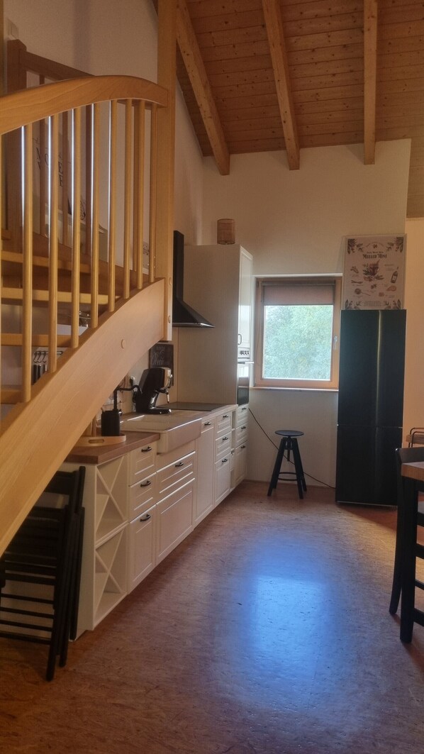 Frigorífico, microondas, horno y placa de cocina