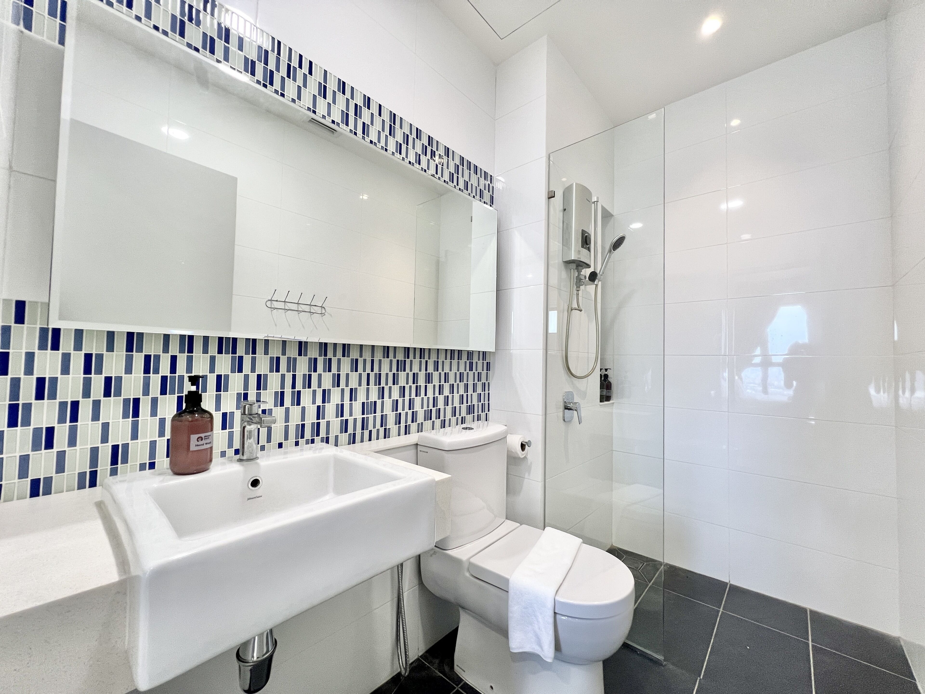 Premium Apartment | Bathroom | Shower, hair dryer, bidet, towels
