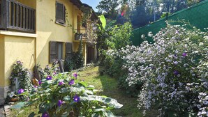 Un edificio amarillo con balcón, rodeado de abundante follaje y plantas florecientes.