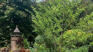 A garden with a stone structure, various potted plants, and a small tree. - Beautiful Blue Mountains Garden Flat
 (Katoomba)