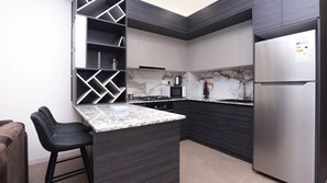 Family Apartment | Private kitchen | Fridge, microwave, oven, stovetop