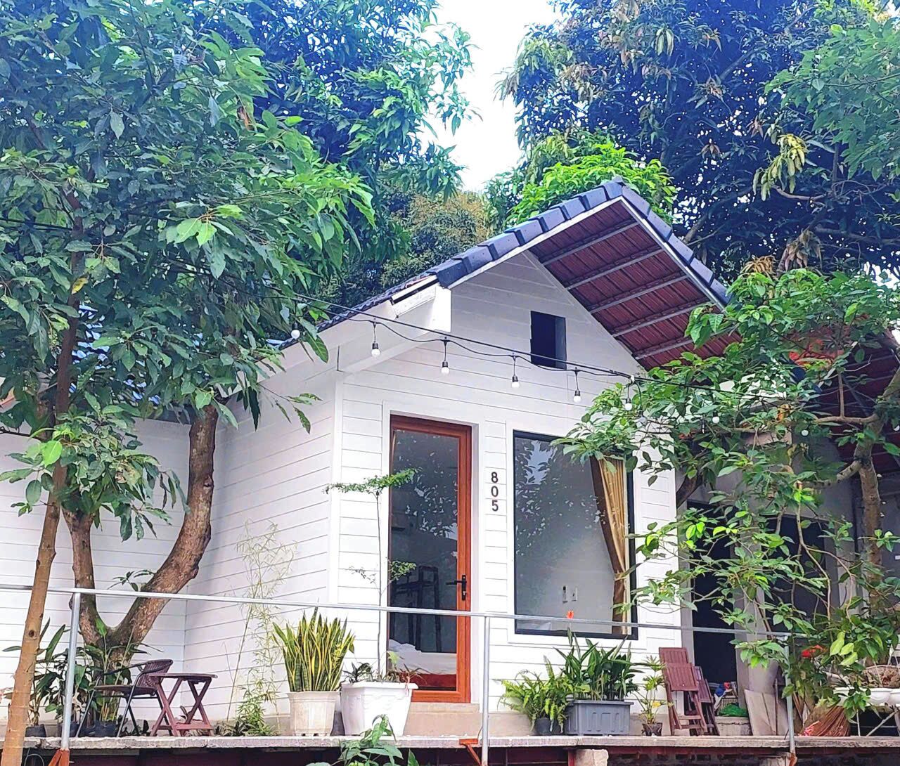 A small white house with a red door, surrounded by lush greenery and potted plants.