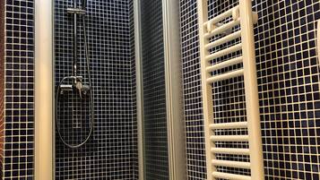 Shower, hair dryer, bidet, towels