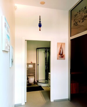 A hallway leading to a bathroom with a glass shower enclosure, a toilet, and a sink. There is a framed artwork on the wall and a small decorative item hanging from the ceiling.