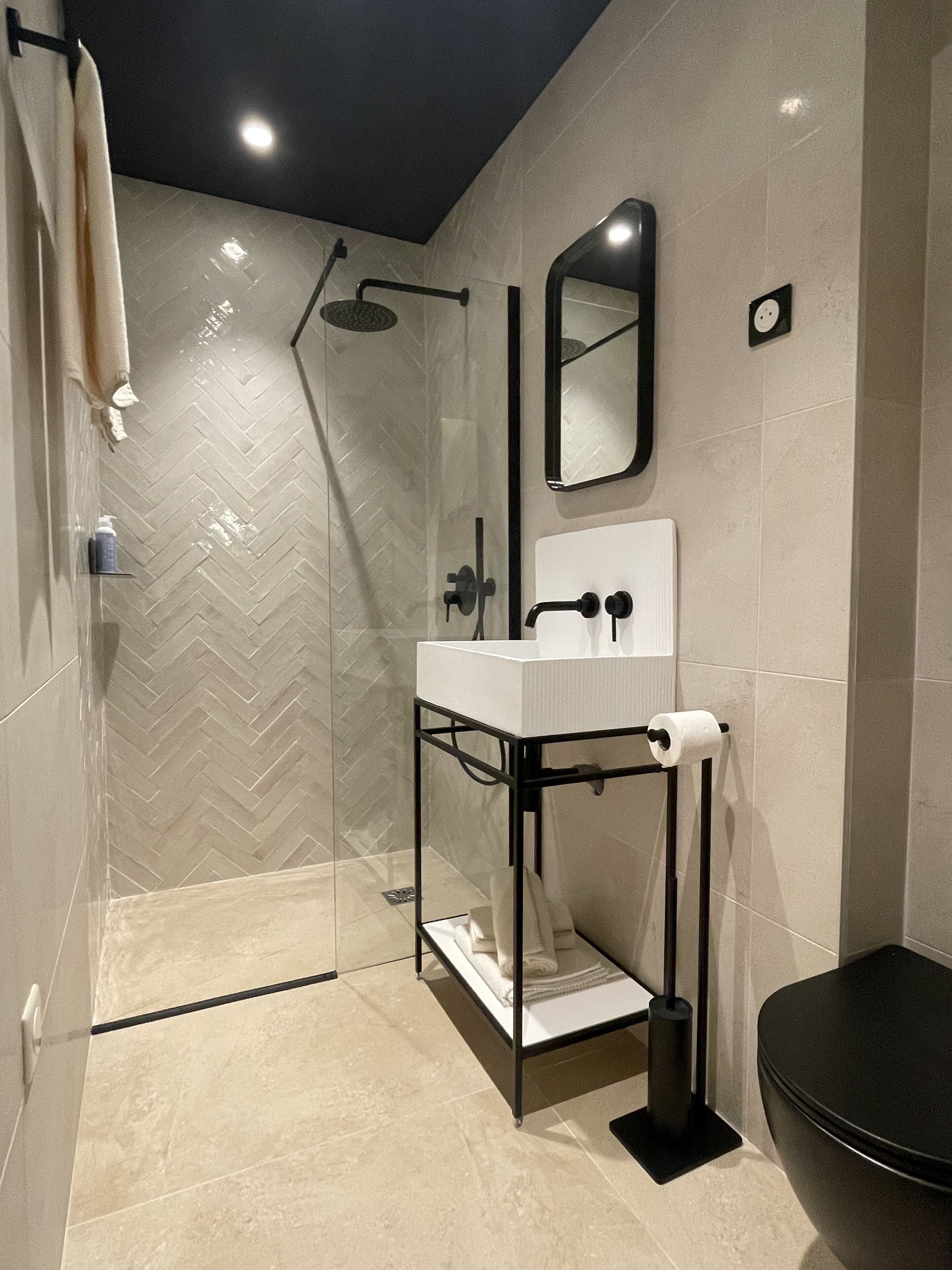 Ein modernes Badezimmer mit Duschkabine aus Glas, einem weißen Waschbecken und einer schwarzen Toilette.