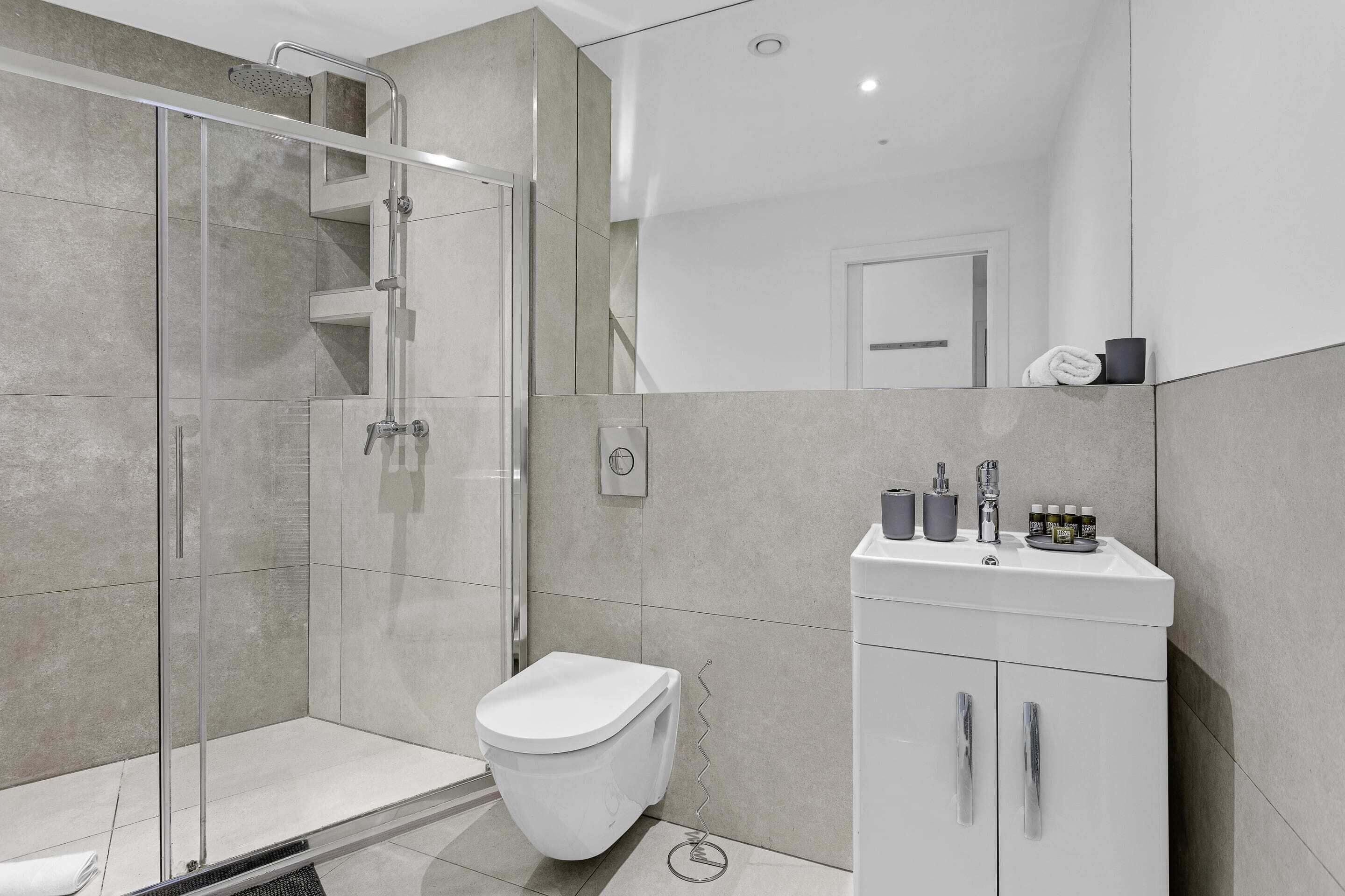 Basic Apartment, 1 King Bed | Bathroom | Shower, towels, soap, shampoo