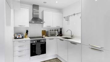 Basic Apartment, 1 King Bed | Private kitchen | Fridge, microwave, oven, stovetop