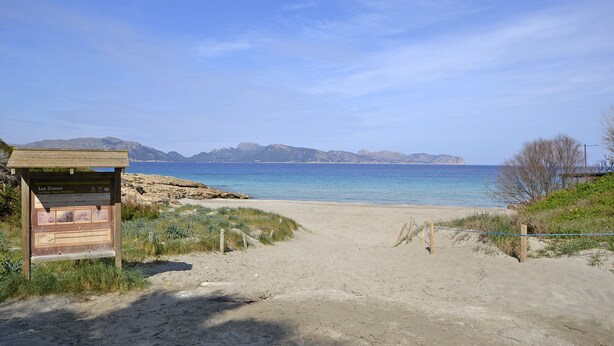 A sandy beach path leading to a wooden structure with a sign, overlooking a calm sea with distant mountains. - Teresa - beautiful house 150 meters from the beach (Alcúdia)