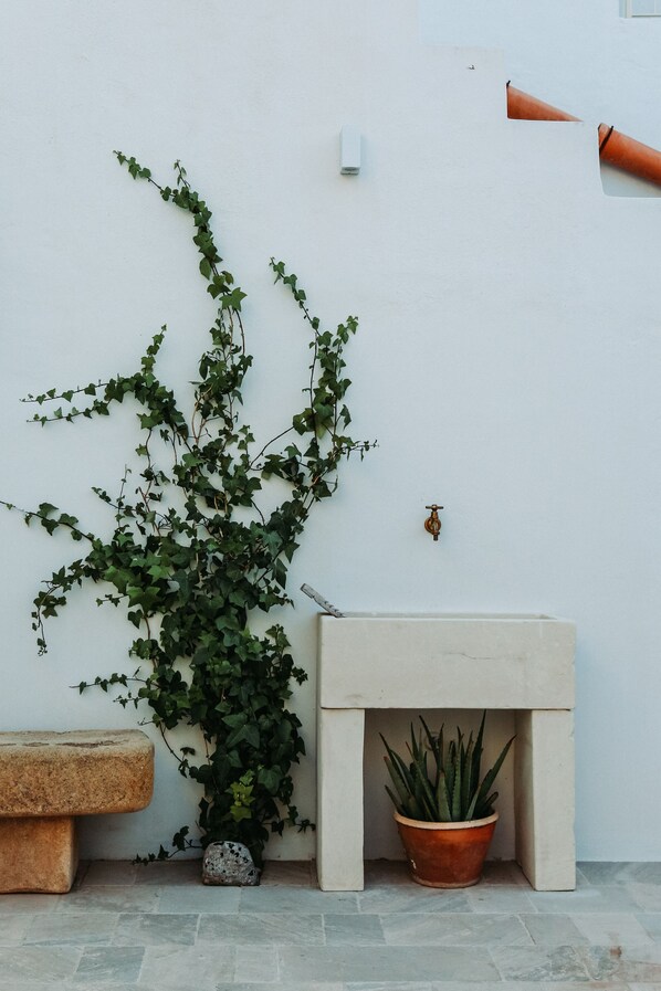 A white wall with a potted plant and a small table. - Corte Largo Lauro Dimore&Spa (Ugento)