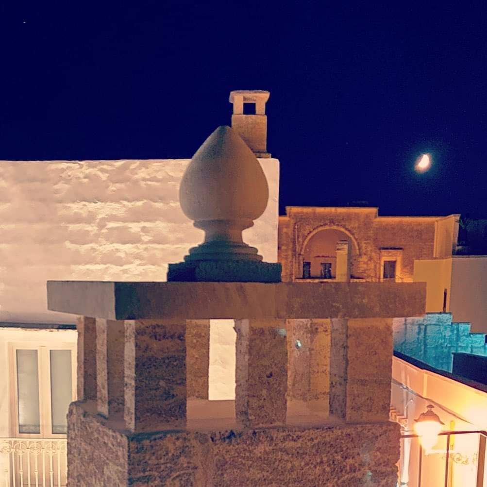 A stone balustrade with a spherical finial, a building with an arched entrance, and a crescent moon in the night sky.