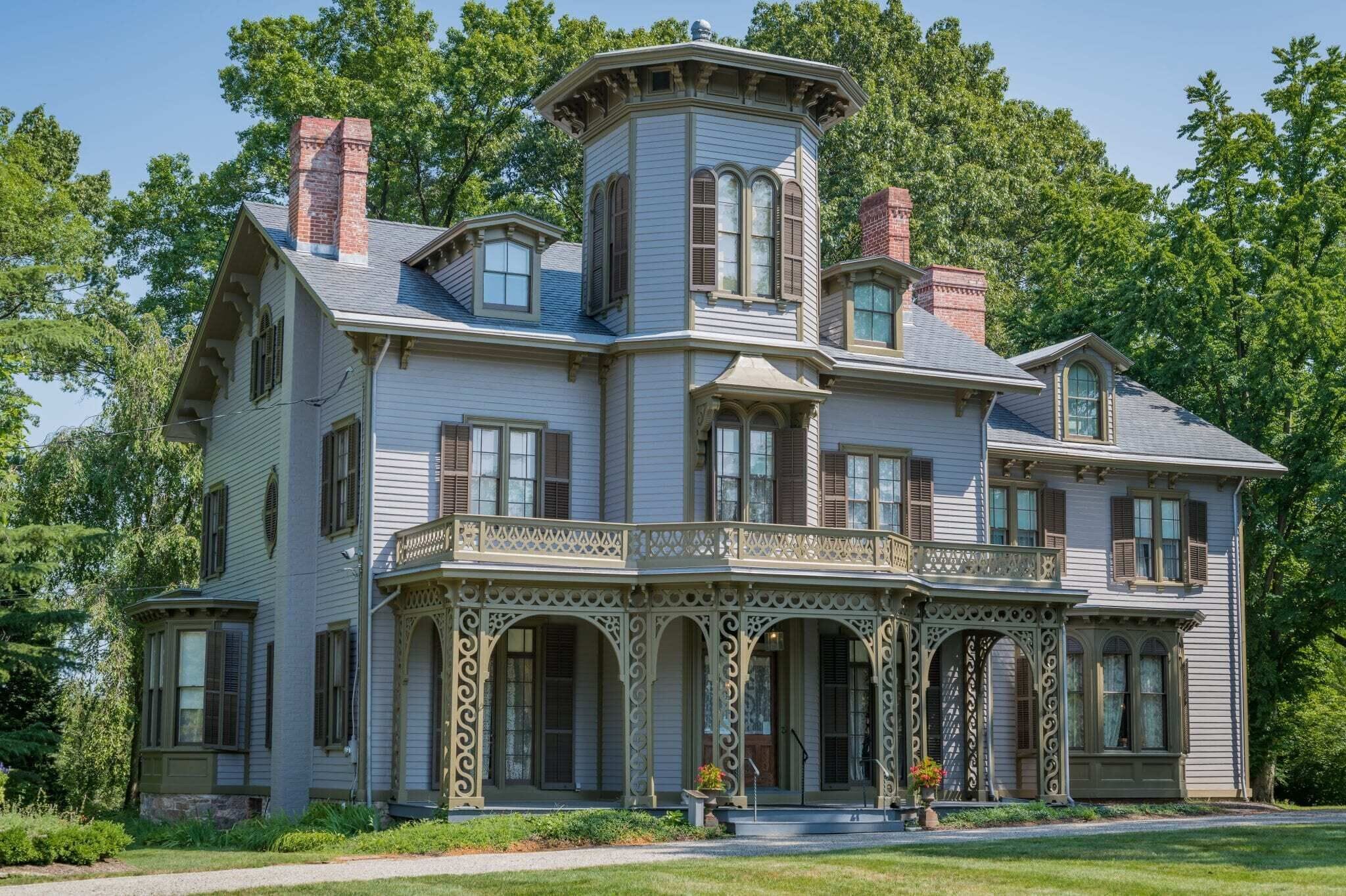 Admire ornate architecture and wraparound porch charm outdoors.