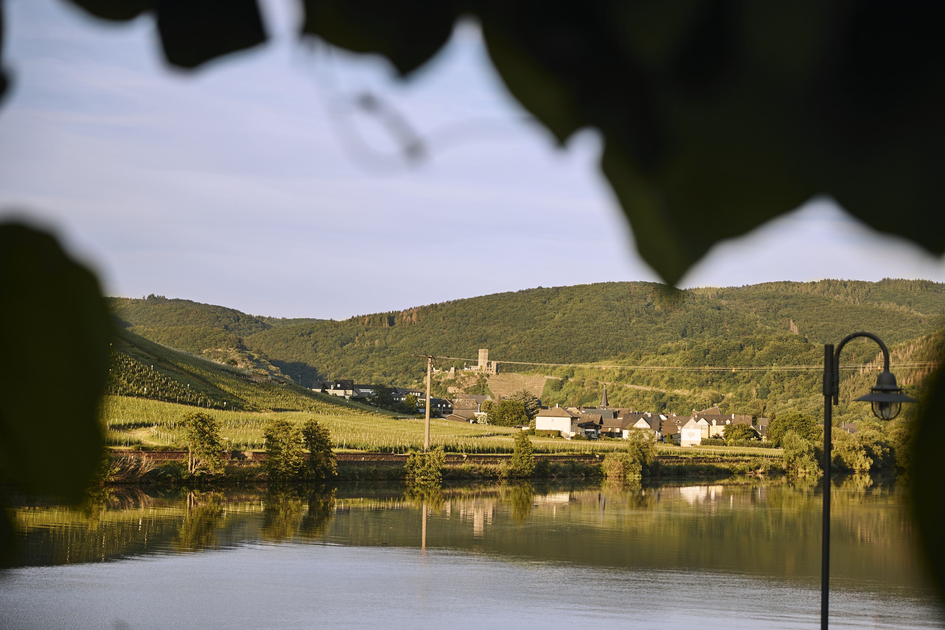 A serene lakeside view with a small village, houses, and a hill in the background.