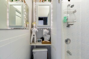Hair dryer, towels, soap, toilet paper