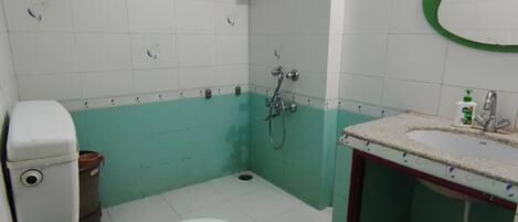 Un baño con inodoro, lavamanos y ducha.