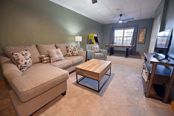 TV, fireplace, video games, offices