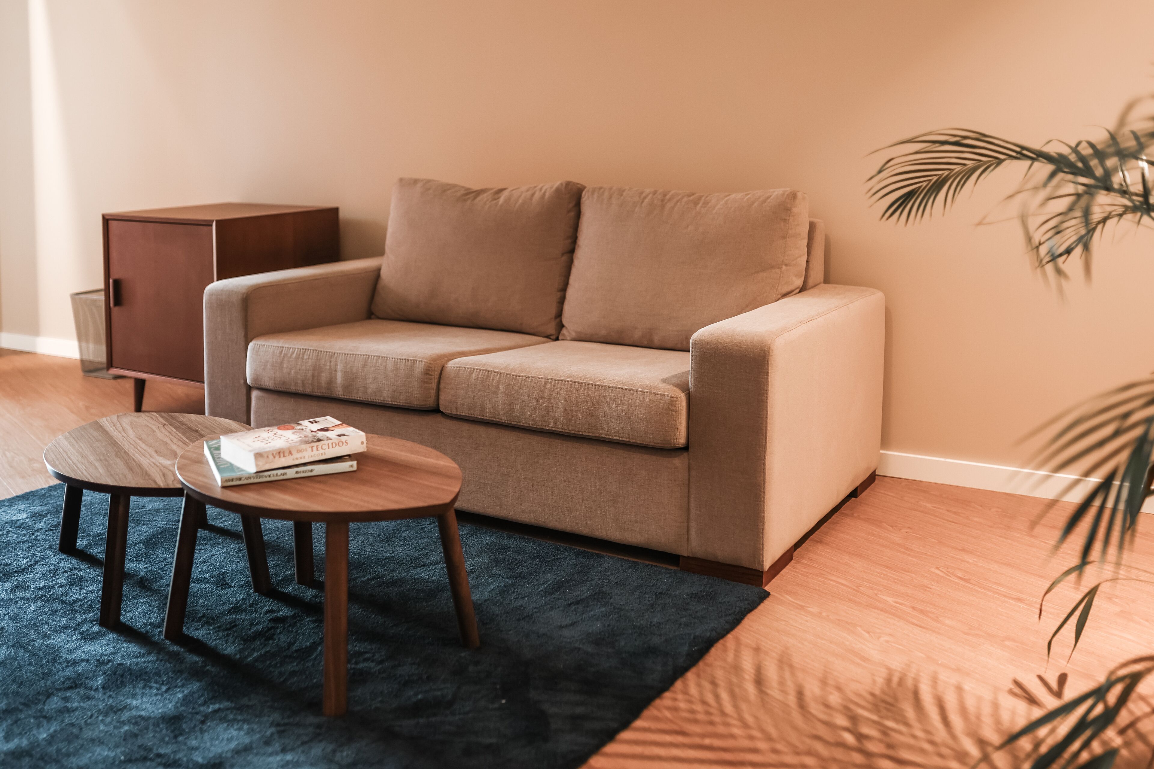 A modern living room with a beige sofa, a small wooden table with a book, a dark blue rug, and a wooden cabinet.