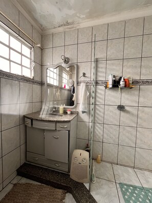 Shower, hair dryer, bidet, towels