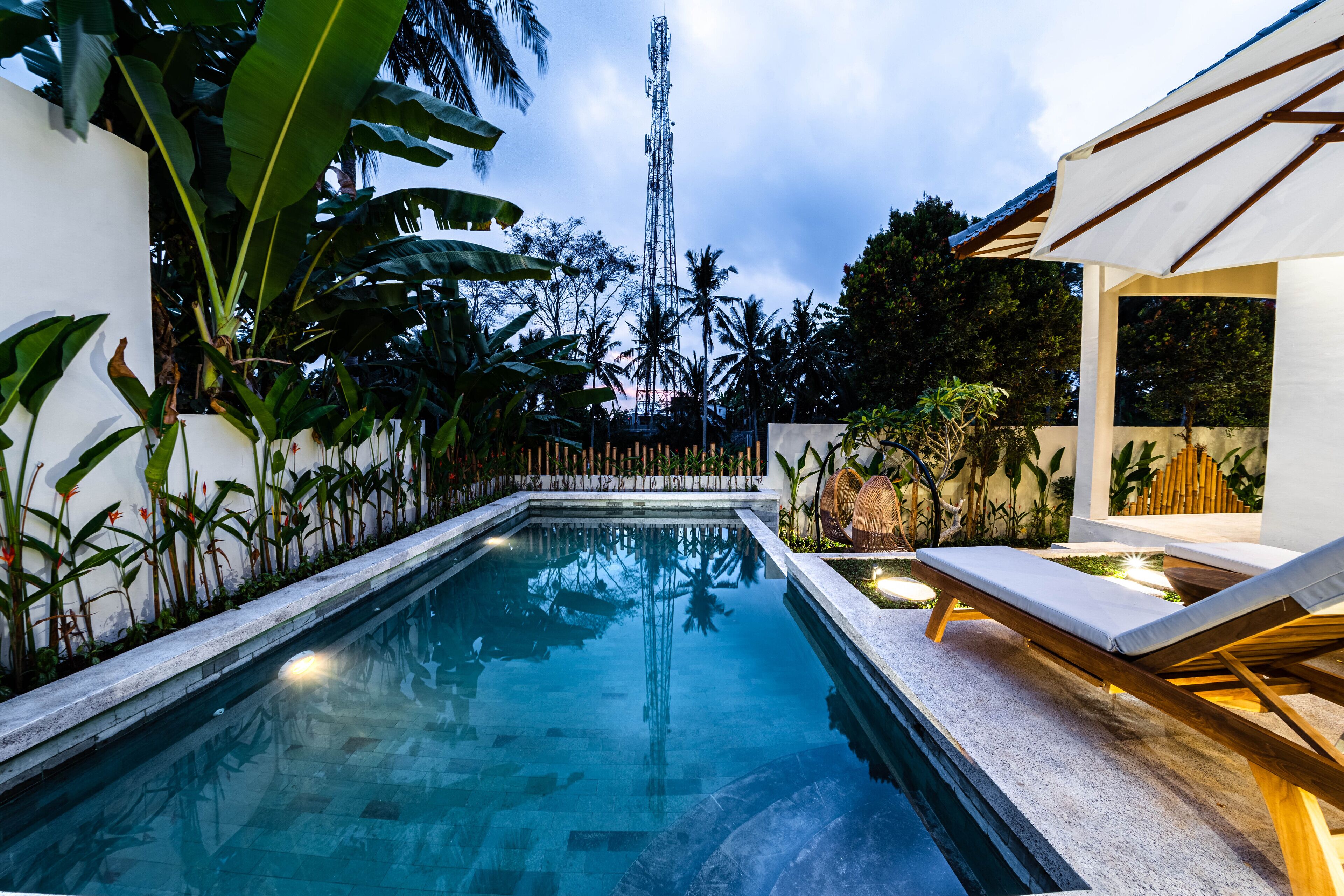 Outdoor pool, pool umbrellas, pool loungers