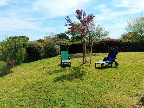 A grassy outdoor area with two lawn chairs and a small tree. - Le Secret des Marées (Givrand)