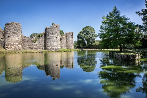 Un château historique en pierre, doté de nombreuses tours et entouré de douves.
