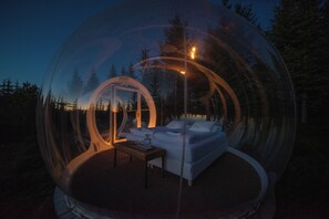 A transparent spherical enclosure with a bed and a table inside, surrounded by trees. - Buubble Hotel-Ölvisholt (Selfoss)