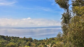 A coastal landscape with dense greenery, a clear sky, and a view of the sea. - 2-room apartment panoramic sea view (Rayol-Canadel-sur-Mer)