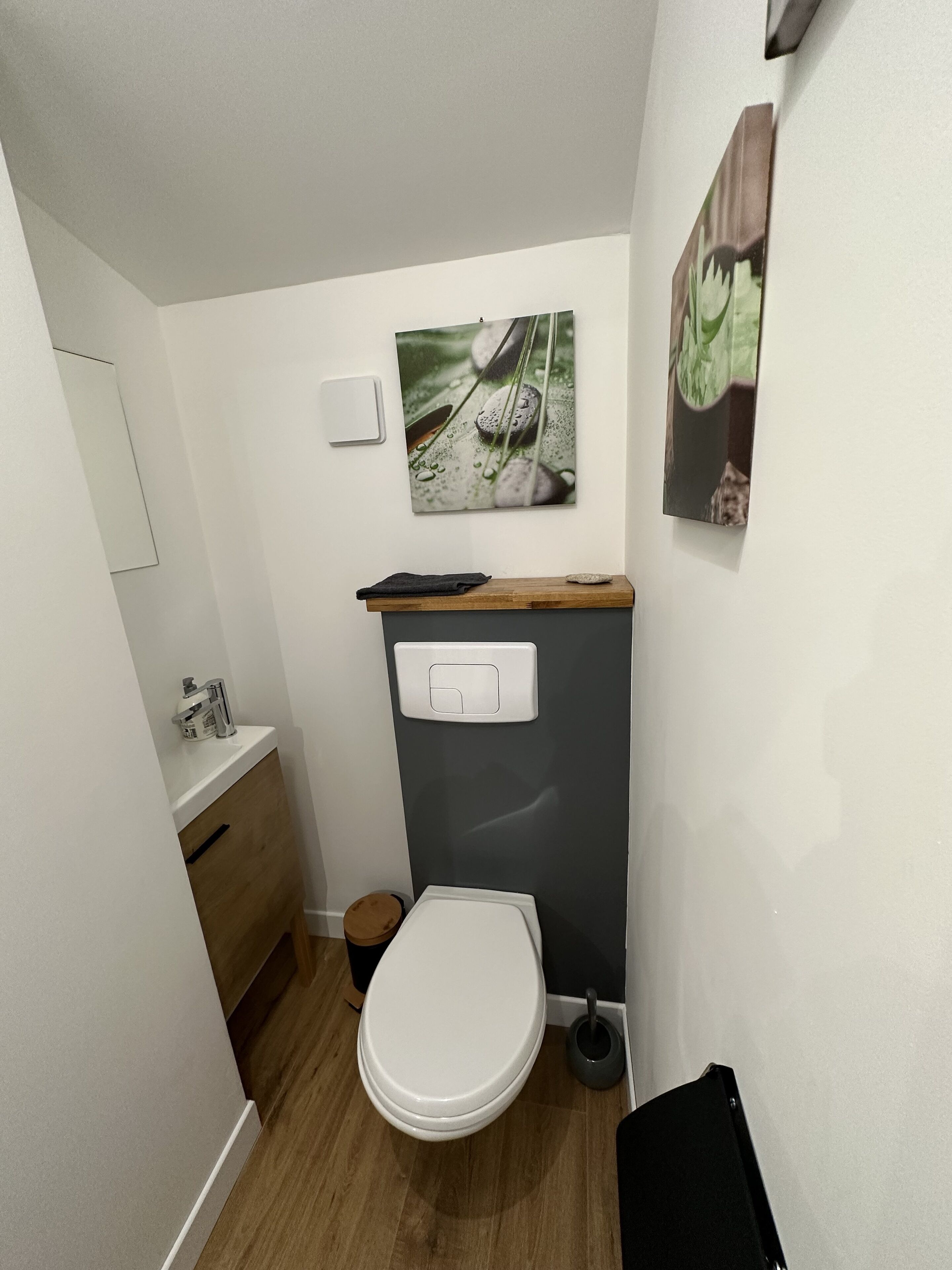 A small, modern bathroom with a white toilet, a wooden vanity, and a wall-mounted sink.