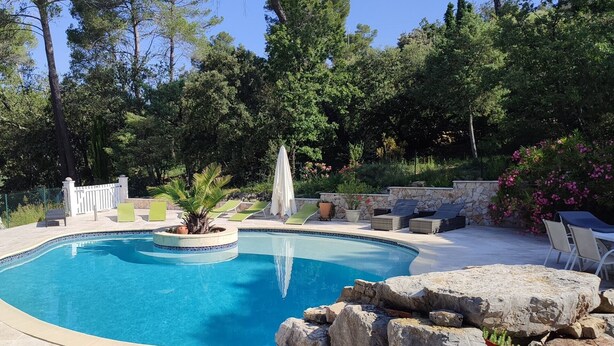 Una piscina con borde de piedra, rodeada por un muro de piedra y diversas plantas.