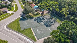An aerial view of a residential area with a basketball court surrounded by greenery and houses.
