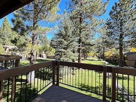 A wooden deck with a black railing overlooking a grassy yard with tall pine trees.